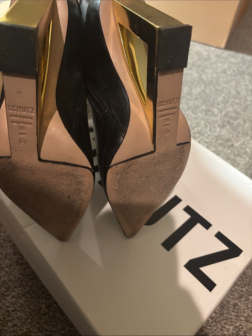 SCHUTZ Black Leather Pointed Ankle Boots with Gold Sculptural Heel - Picture 4 of 5
